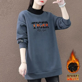 加绒加厚中长款卫衣女2026时尚字母秋冬半高领假两件休闲长袖上衣
