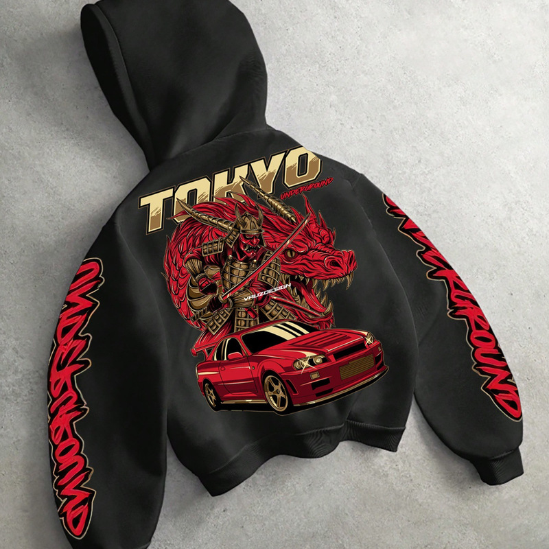 Tokyo Samurai Sports Car Short Sweatshirt Red and Gold Japanese Style Jdm Motorcycle Full-Sleeve Printed Loose Hooded Top
