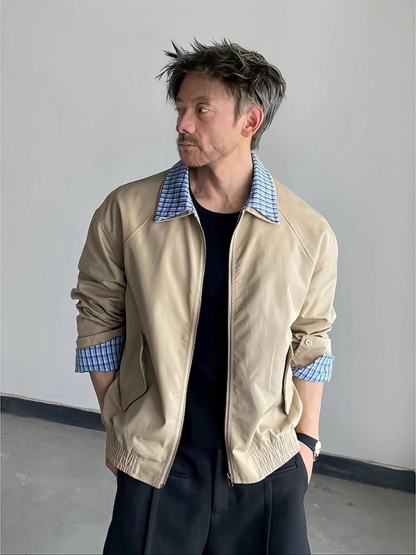 Kişi üçün xaki rəngli retro yakeli yüngül jaket