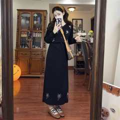 法式温柔风v领提花针织毛衣开衫外套淑女搭配高腰半身裙两件套装