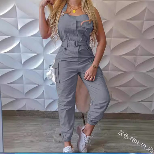 European and American-style women's utility-pocket design jumpsuit—sleeveless overalls with ankle-tight fit and a matching belt