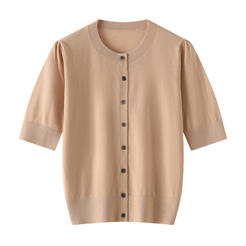 18-stitch Worsted Mulberry Silk Knitted Cardigan Women's Round Neck Short-sleeved Loose Slimming Spring and Summer Cashmere T-shirt Top 18-stitch Worsted Mulberry Silk Knitted Cardigan Women's Round Neck Short-sleeved Loose Slimming Spring and Summer Cashmere T-shirt Top