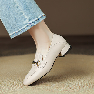 2025 Korean Style Square Head Middle Heeled Metal Fastener Low Top Women's Shoes Lazy Wear Women's Shoes Leather Four Seasons Shoes New Product