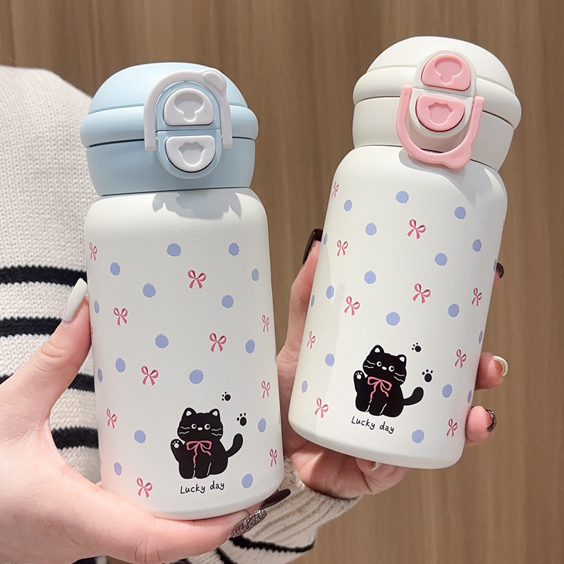卡通猫咪保温杯少女心吸管水杯新款316不锈钢水壶大容量双饮杯子