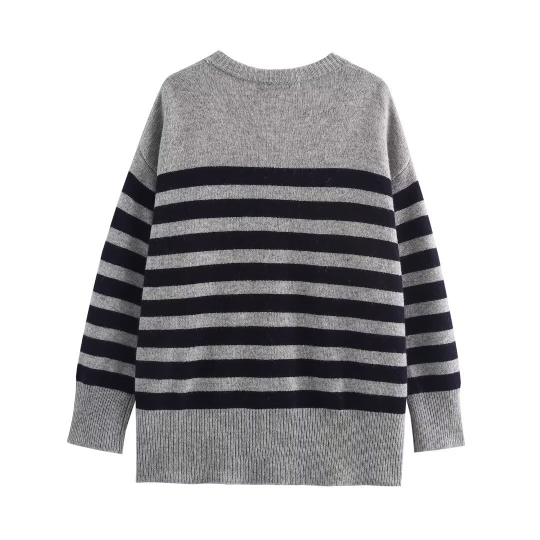 Damenbekleidung 2024 Herbst und Winter neue Mode V-Ausschnitt gestreifte Strickjacke Langarmpullover_voghion.com