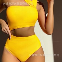 25欧美性感bikini抹胸镂空泳装纯色连体泳衣速卖通单肩高腰比基尼