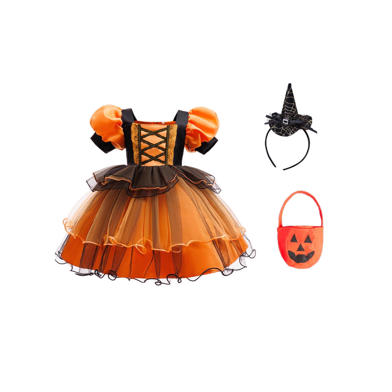 Nuevas vestidas de princesa de niñas transfronterizas vestidas de Halloween vestidas de brujas cosplay manga burbuja calabaza malla de tela