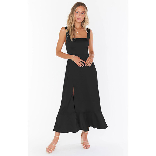 European and American dress, temperament, mid-length, fashionable and simple suspender skirt, slit hem, ruffle skirt