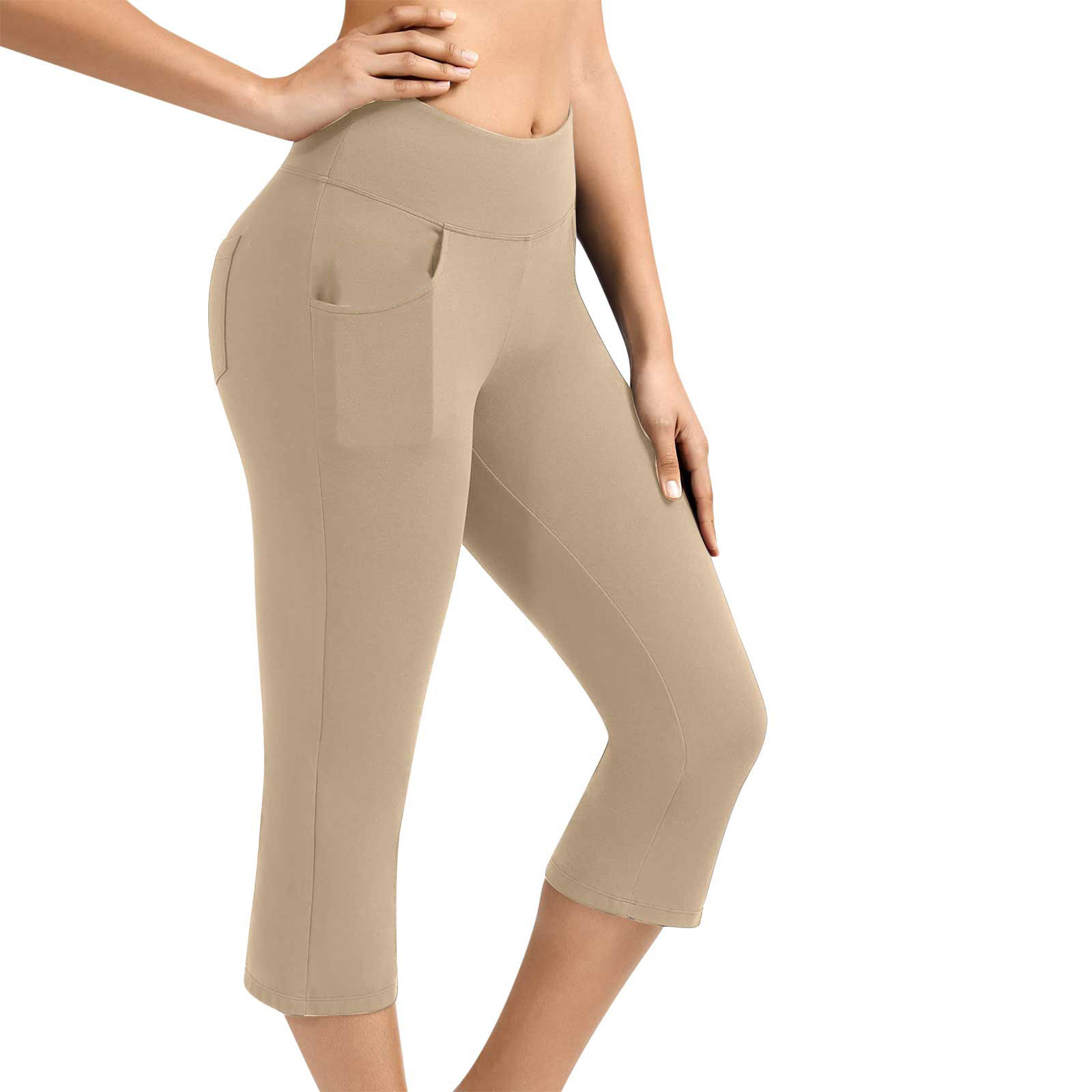 Neue Yoga-Hose für Damen, einfarbig, Vordertasche, hohe Taille, aufgesetzte Tasche hinten, Hip-Lift, Sport-Caprihose_voghion.com