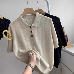 日系文芸範poloシャツtシャツ女性夏2025新型薄手筋感氷糸ニット半袖上着