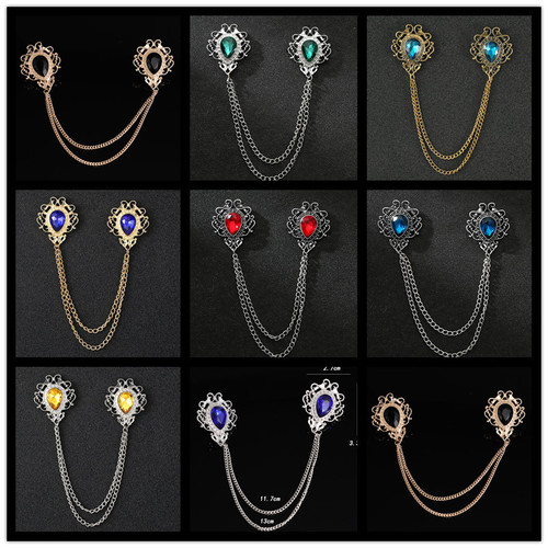 Retro crystal men's neckline temperament collar pin men's suit jacket trendy chain with diamond personalized fashion brooch