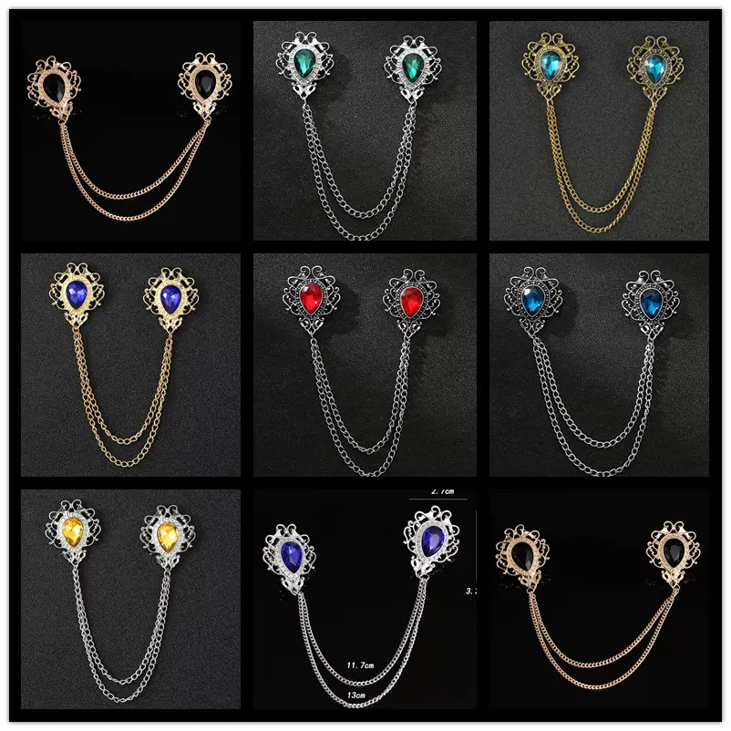 复古水晶男士领口气质领针男士西装外套潮流链条带钻个性时尚胸针