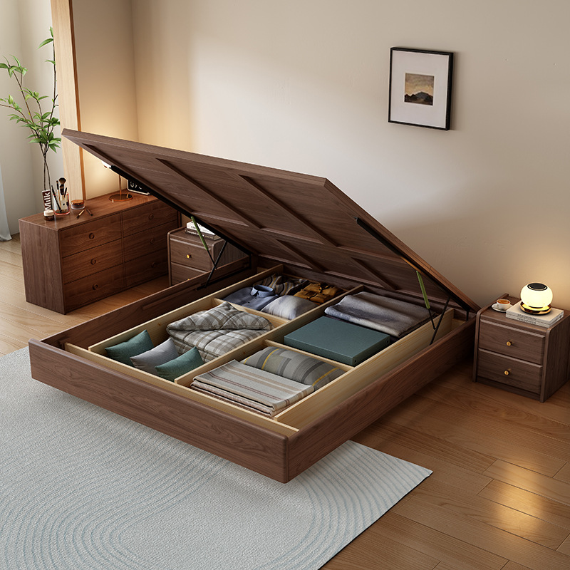 Solid Wood Bed Frame Without Headboard, 1.8m Double Bed Rental Room New Family Bedroom Floating Storage Bed