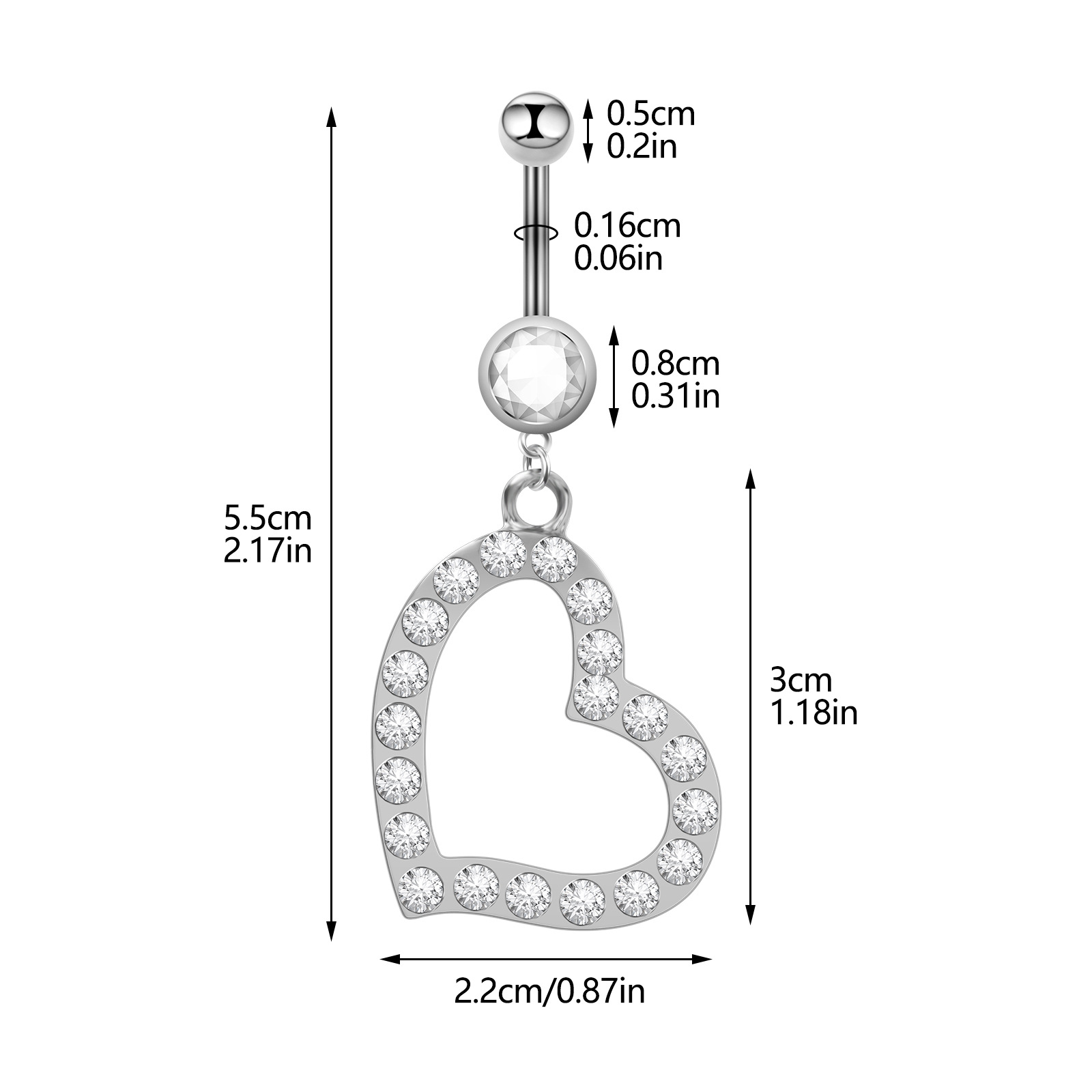 Piercing nombril acœur en acier inoxydable avec diamants_voghion.com
