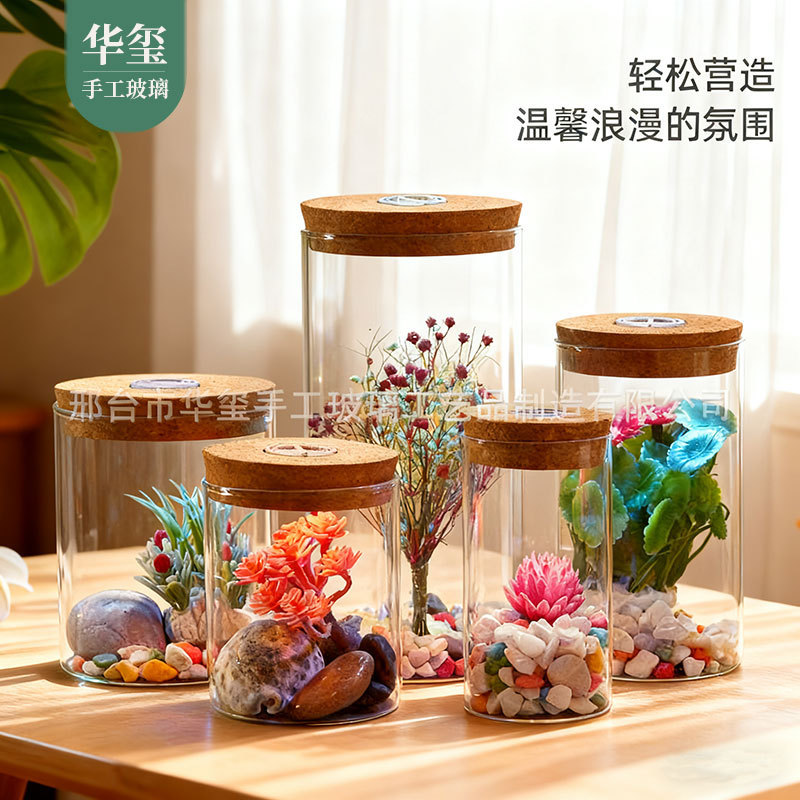 Led Light Micro-Landscape Ecological Bottle with Wooden Stopper, Glass Jar, Betta Fish Bottle, Straight Tube Hydroponic Bottle, DIY Wishing Bottle, Colorful Bottle