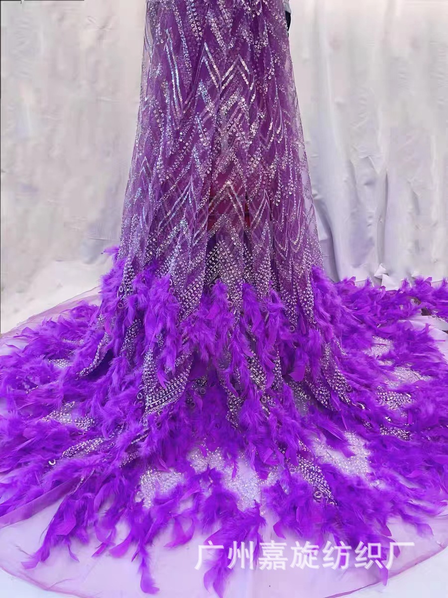 La industria pesada pluma lentejuelas bordado tela de cuentas de tubo bordado de gama alta vestido de novia de gama alta etapa desgaste moda tela JX3891