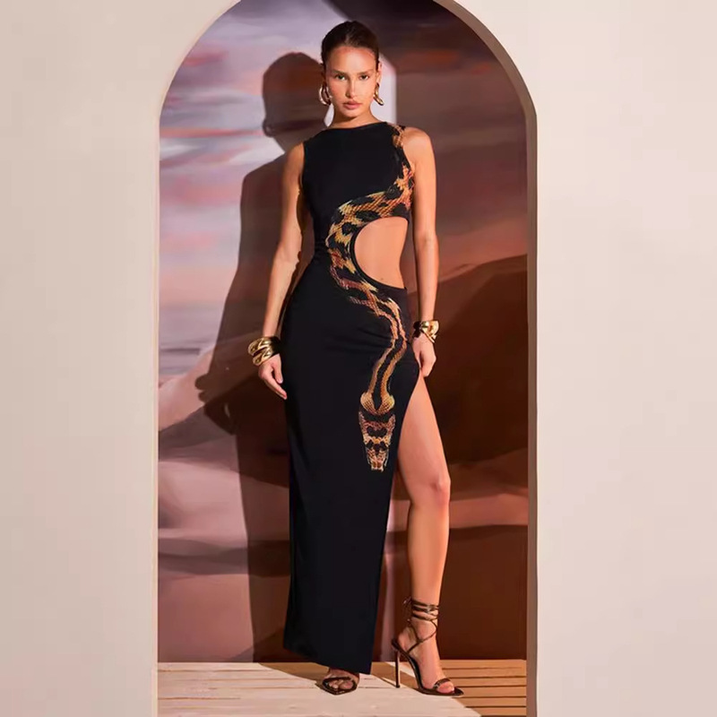 European and American-style Women's 2024 Summer New Sexy Fashion Slim-fit Snake Print Split Long Dress Hollow dress European and American-style Women's 2024 Summer New Sexy Fashion Slim-fit Snake Print Split Long Dress Hollow dress