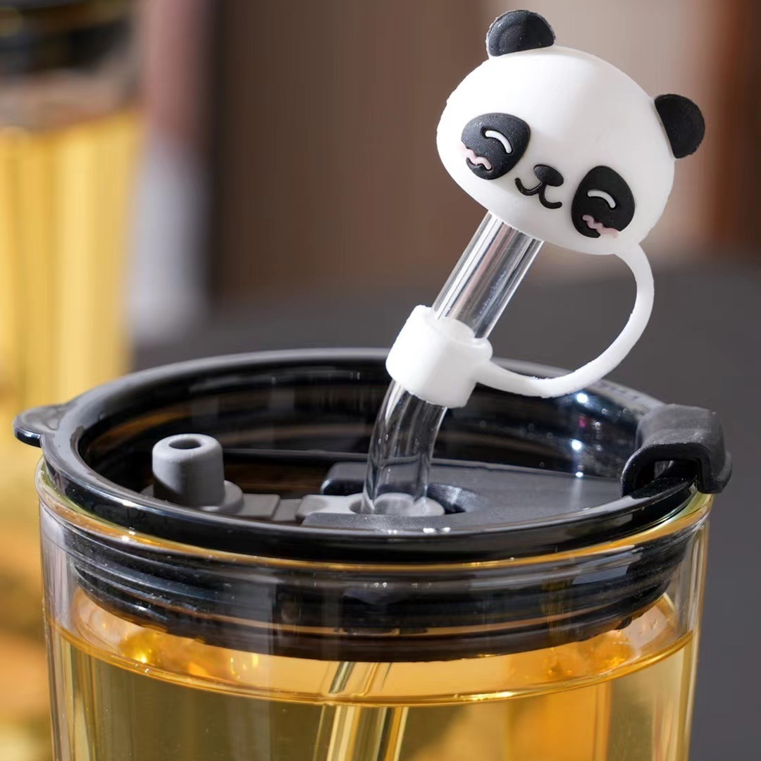 Creativo de dibujos animados Panda vidrio taza de paja lindo hogar beber taza de alta apariencia de regalo beber taza de gran capacidad