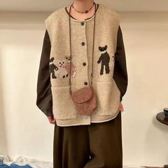 韩版宽松显瘦针织小熊开衫马甲女秋季叠穿外搭慵懒风无袖毛衣背心