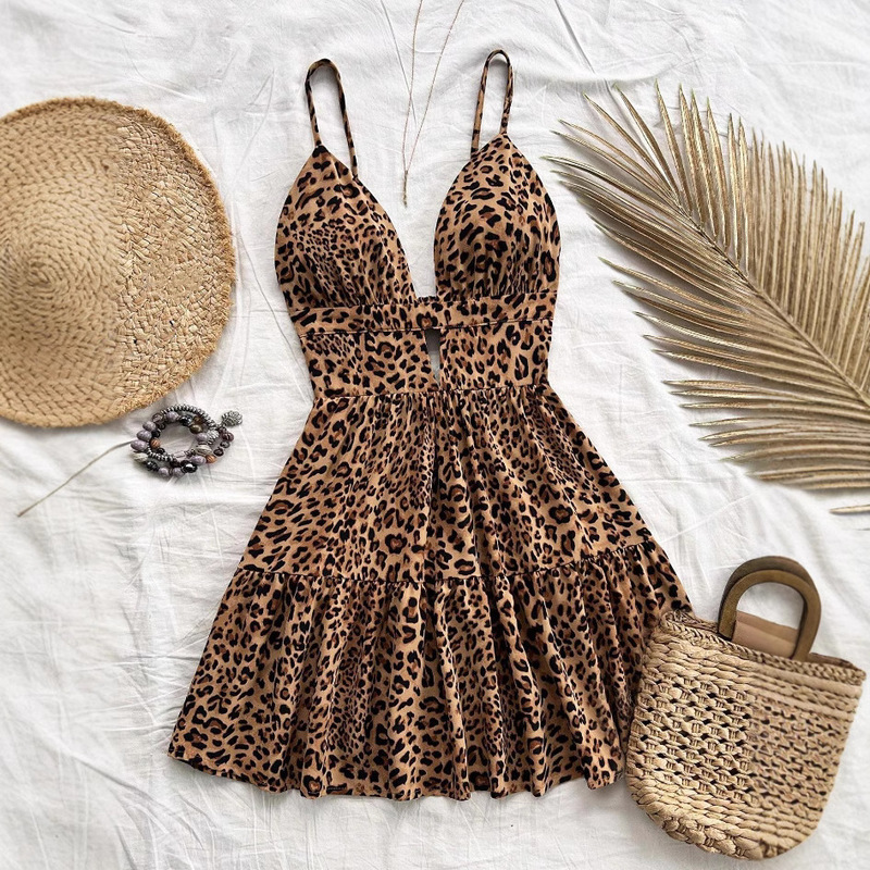 2025 Cross-Border European and American Women's Fashion Sexy Low-Cut Deep V Strap Leopard Print Dress Backless Hawaiian Vacation Style