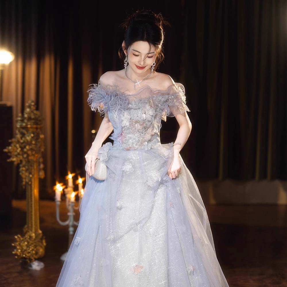 French-Style Feather Evening Dress for Women 2026 New High-End Birthday Host Dress High-End Light Luxury Niche Graduation Dress