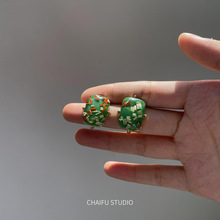 S925银针韩版文艺复古耳环宫廷风绿色黑色亚克力碎片方形气质耳钉
