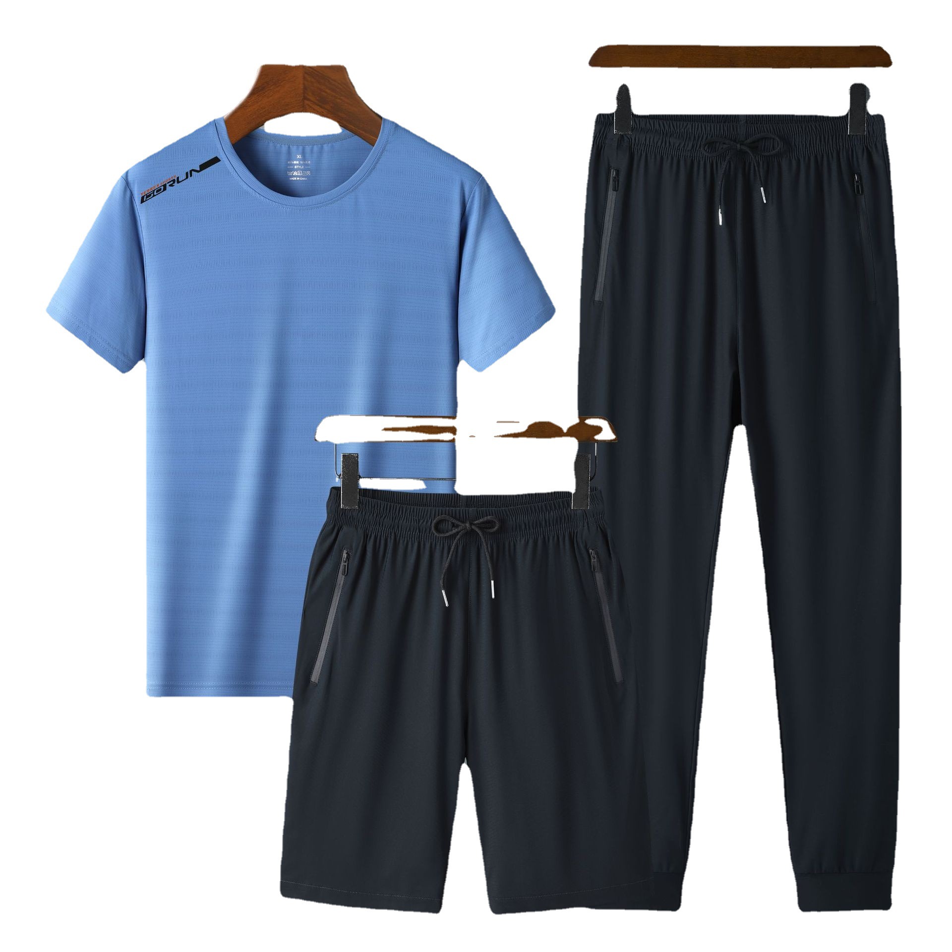 Ropa de verano de secado rápido traje de manga corta deportiva para hombres talla grande Camiseta de seda de hielo pantalones de estudiante traje de tres piezas