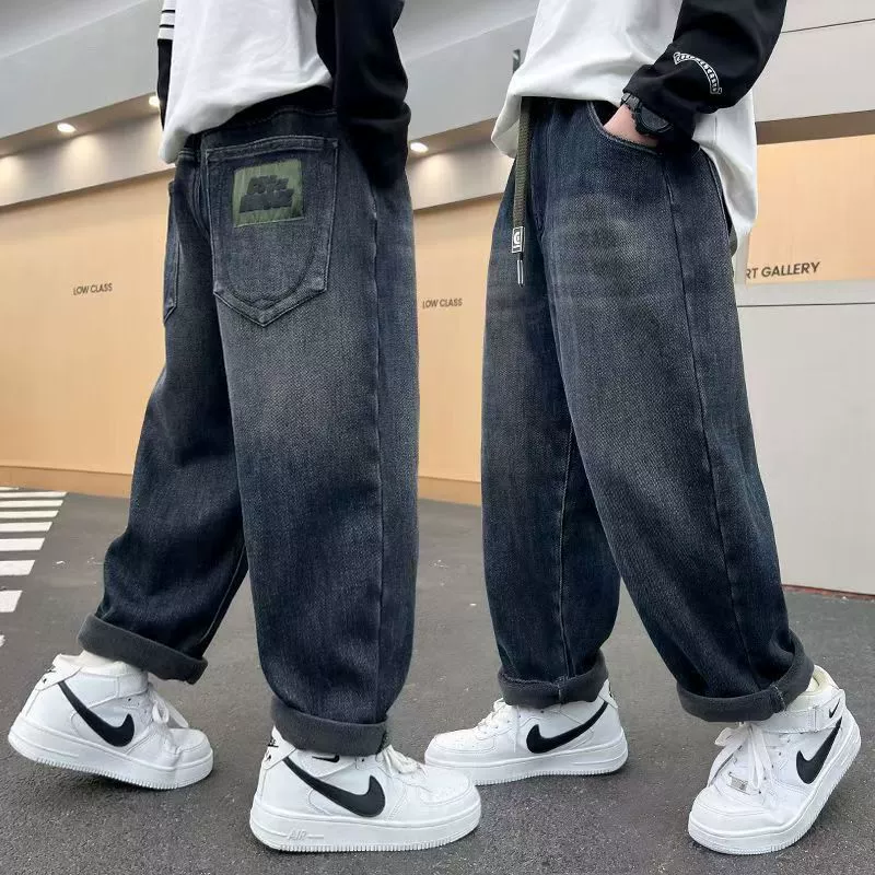 Новые весенне-осенние джинсы для мальчиков, брюки для мальчиков, брюки, 2024, детские повседневные свободные брюки прямого кроя для средних и больших размеров, модные