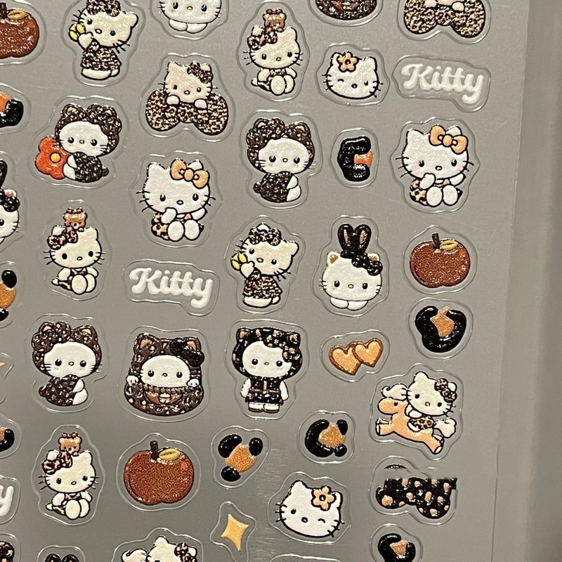 Little Sweet Potato Hellokitty Nail Art Stickers Embossed Stereo Leopard Print Hello Kitty Water Cup Stickers Camera Nail Stickers