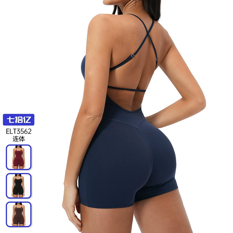 European and American cross-border nude jumpsuit cross hollow beautiful back outdoor casual short sports fitness jumpsuit 3562
