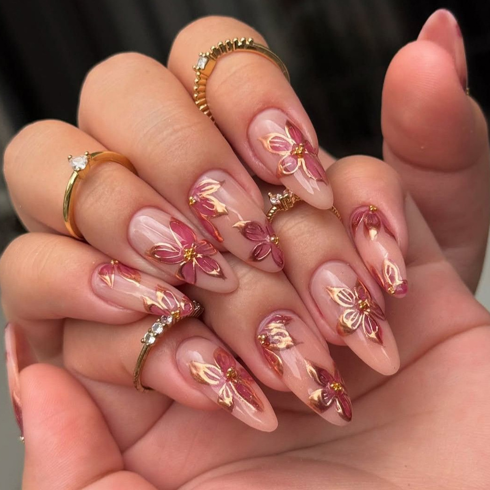 3D estereoscópico flores de oro leper almendras uñas de vestir comercio exterior suave viento uña falsa 24 piezas de uñas blanqueadoras