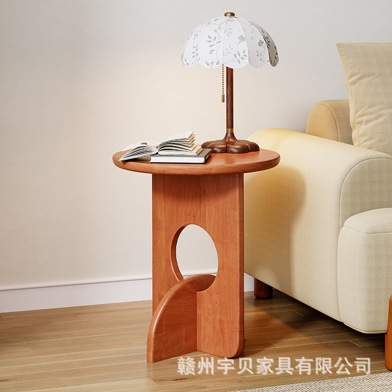 美式复古实木茶几卧室床头边桌圆桌中古风客厅家用小户型沙发边几|undefined
