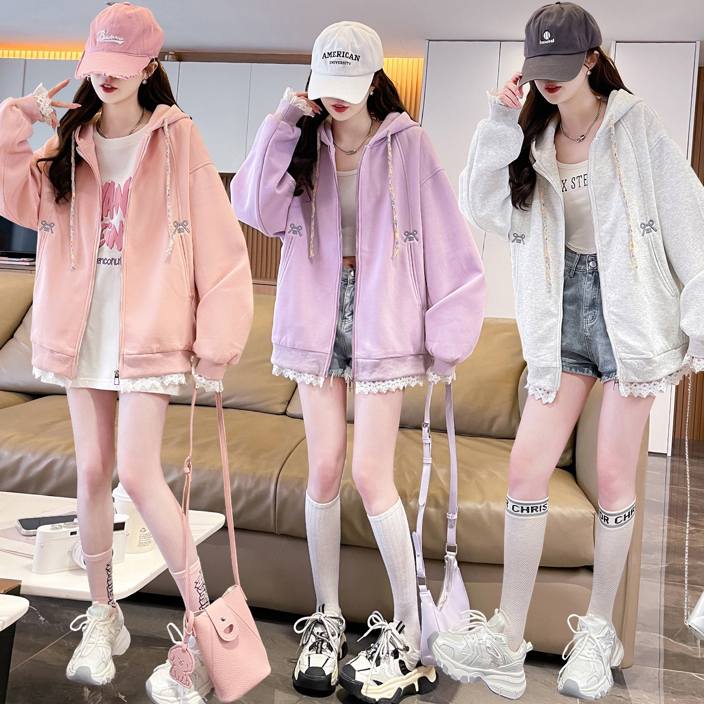 Embroidered bow hooded cardigan for women, 2025 autumn new Korean style lace faux two-piece sweatshirt