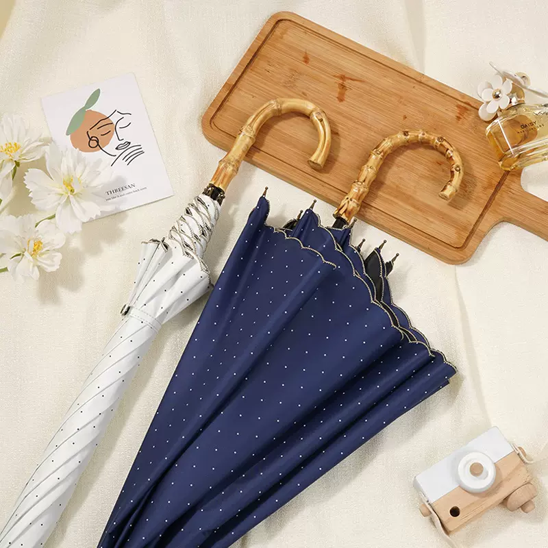 轻奢绣花真竹日式长柄伞黑胶防晒防紫外线遮阳伞女晴雨两用太阳伞