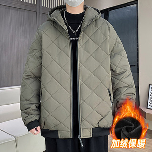 Custom Logo2024 New Main Push Men's Cotton Coat Men's Plus Fleece Fabric Men's Hooded Plaid Cotton Coat Diamond