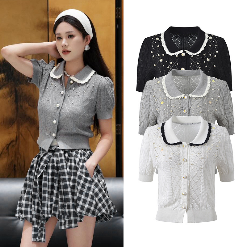 2025 Summer New Design with Lace and Beading, Sweet and Casual Style Short-Sleeve Cropped Knit Cardigan Top