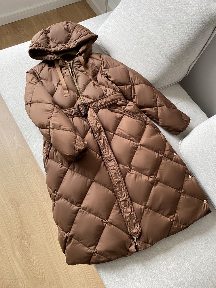 Women's Clothing Down jacket mid length hooded diamond belt high 90 white duck down loose Down Coat_voghion.com