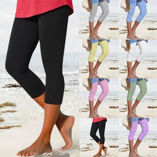 2023 Cross-Border Hot Selling European and American Women's Leggings Solid Color Breathable Slimming Bottoming Cropped Pants Plus Size