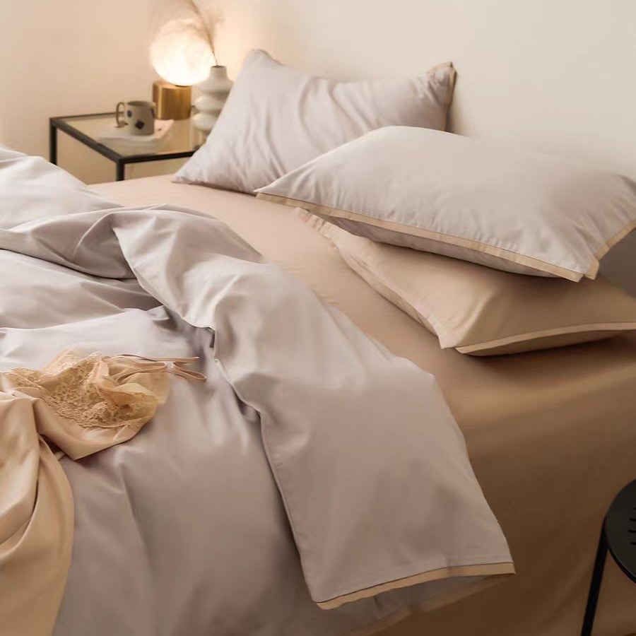 Estilo nórdico 100S algodón de cuatro piezas de satén de algodón de fibra larga algodón de cuatro piezas de algodón puro simple funda de edredón de cama de color sólido sábana
