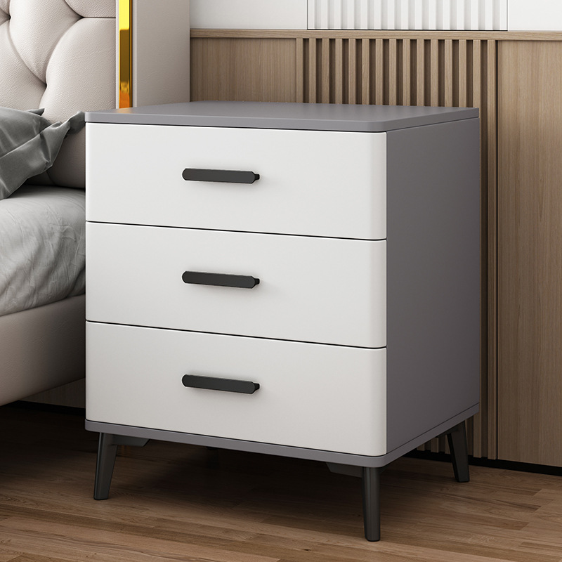 Mesita de noche con tres cajones de madera maciza, tablero de roca, estilo moderno y sencillo, gabinete elevado de tres niveles, gabinete de almacenamiento para dormitorio principal, acabado lacado.