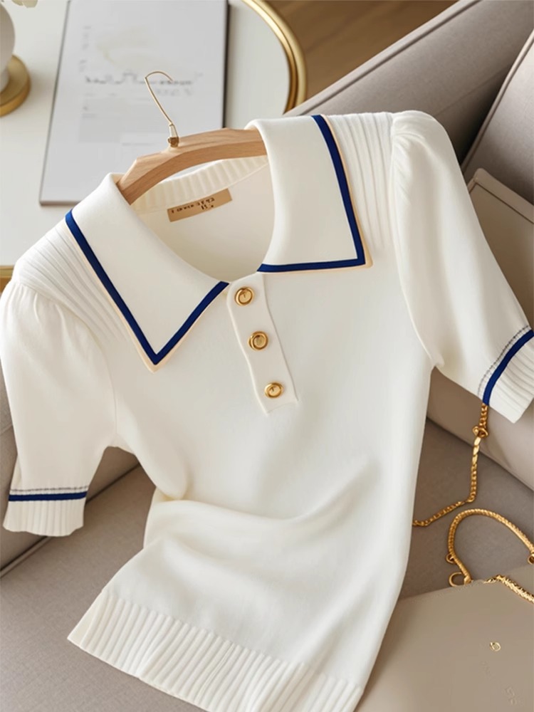 Áo thun nữ cổ polo tay lỡ phối màu chất liệu cotton lạnh — trắng