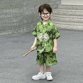新款儿童国风套装夏季男宝宝唐装汉服短袖九分裤古风新中式两件套