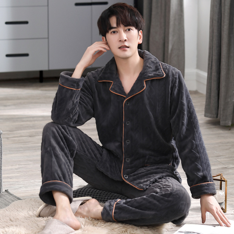 Pijamas de hombre para hombre Otoño e Invierno coral fleece cardigan cálido invierno forrado de lana engrosada franela traje de hombre