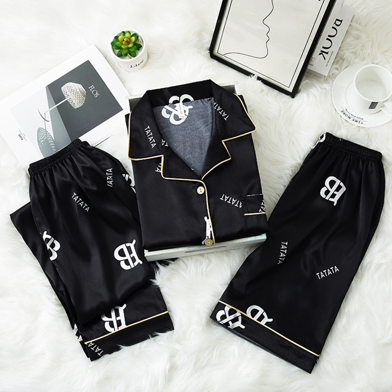 Pijamas de los hombres de verano de seda de hielo de manga corta de tres piezas traje de alta calidad de seda real japonés ins carta simple ropa para el hogar