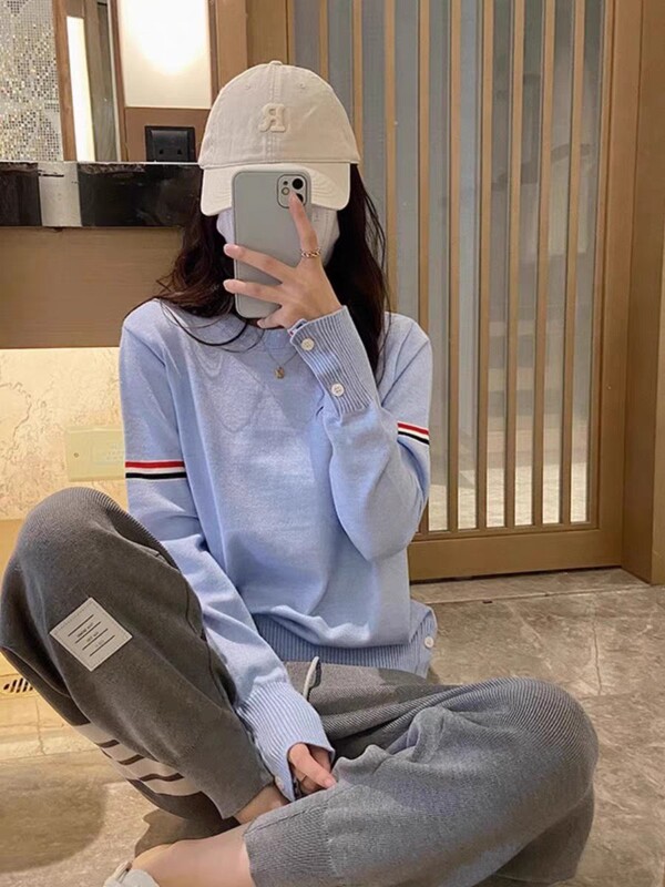 Preppy style arm striped contrast color sweater sweater 23 autumn and winter loose slimming lazy round neck pullover top