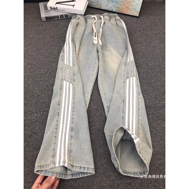American Retro Three-Stripe Rope Denim Jeans for Men, Trendy High Street Straight-Leg Pants, Washed Loose Wide-Leg Long Pants American Retro Three-Stripe Rope Denim Jeans for Men, Trendy High Street Straight-Leg Pants, Washed Loose Wide-Leg Long Pants