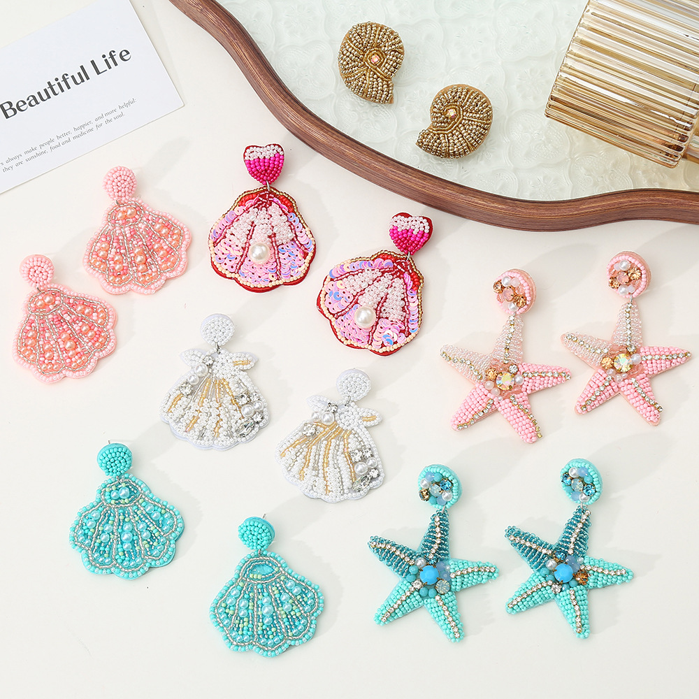 18g Weight 1 Pair IG Style Marine Style Starfish Shell Beaded Inlay Glass Rhinestones Drop Earrings Ear Studs