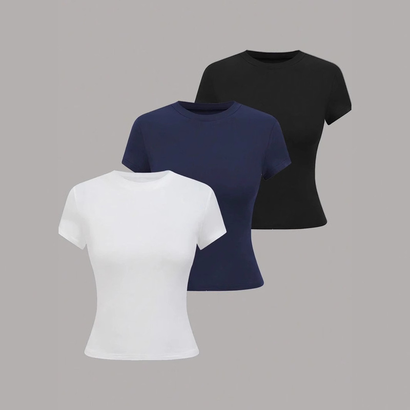 3-Piece Summer Amazon Temu Popular Women's Round Neck Short-Sleeved Slim T-Shirt Cross-Border Export Women's Clothing