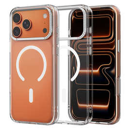 跨境适用苹果17PROMAX透明磁吸手机壳五金镶钻镜框iPhone16硬壳15