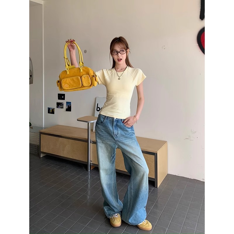 ホワイトグースイエローショルダー半袖Tシャツレディース2025年夏新デザイン香港風スリムフィットショートトップ|undefined